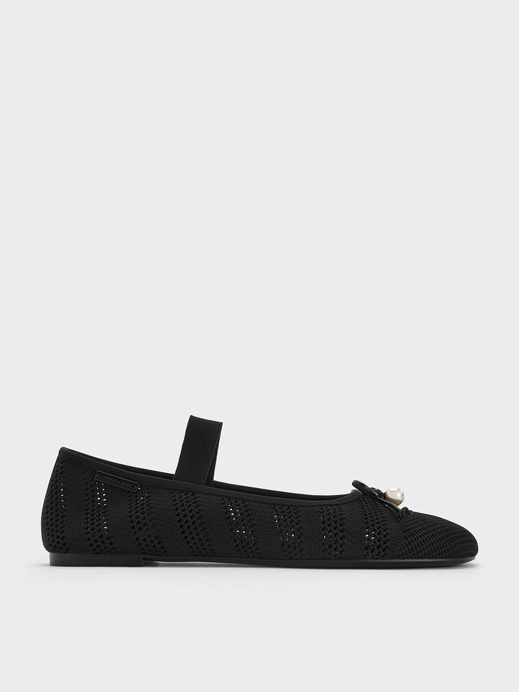 Knitted Pearl-Accent Bow Ballet Flats, Black Textured, hi-res