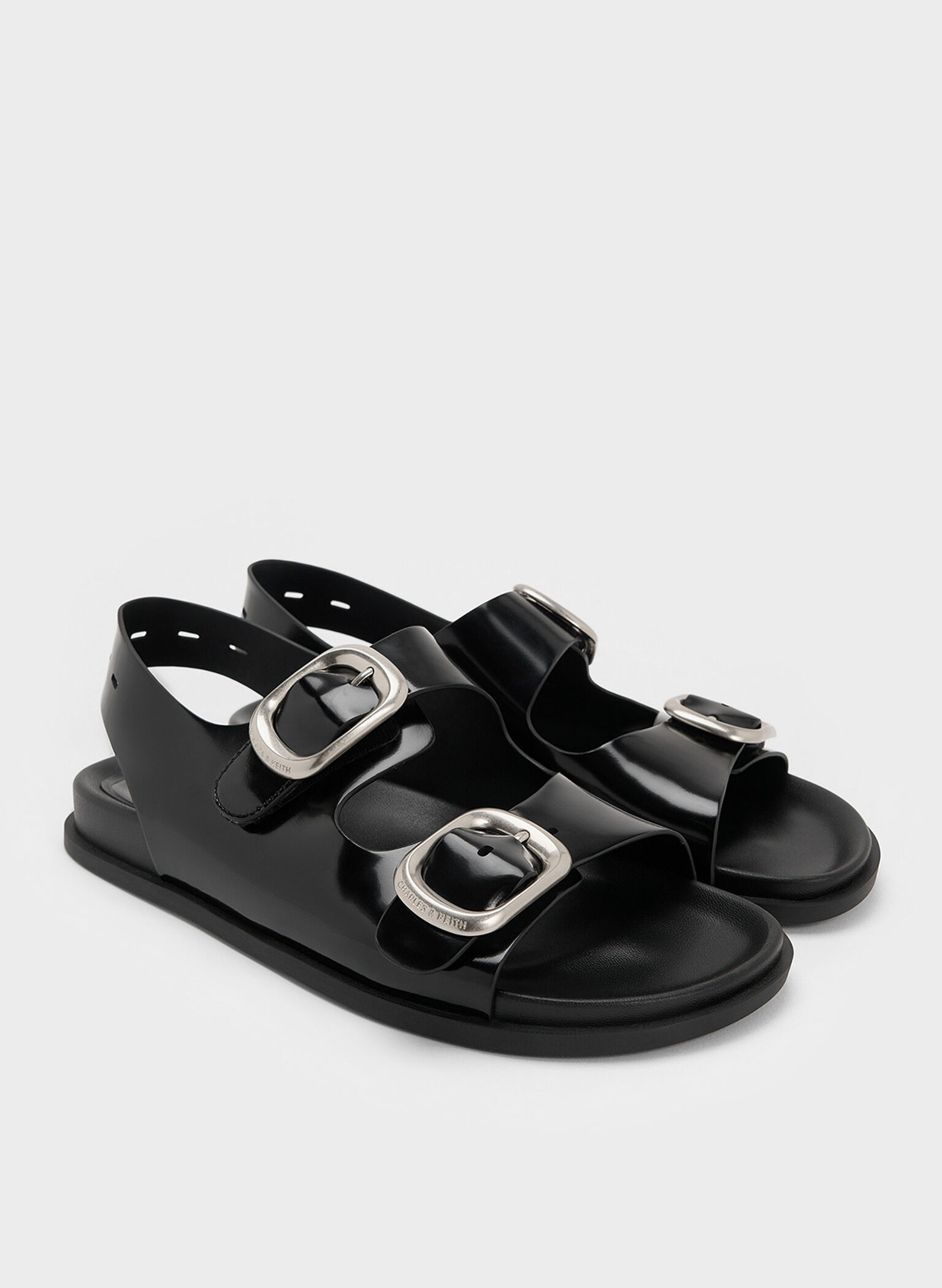 Buckled Double-Strap Slingback Sandals, Black Box, hi-res