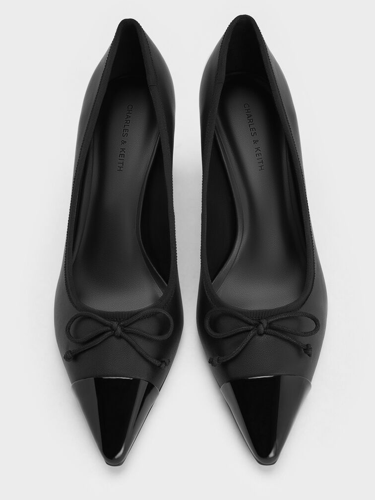Bow Pointed Cap-Toe Pumps, Black, hi-res