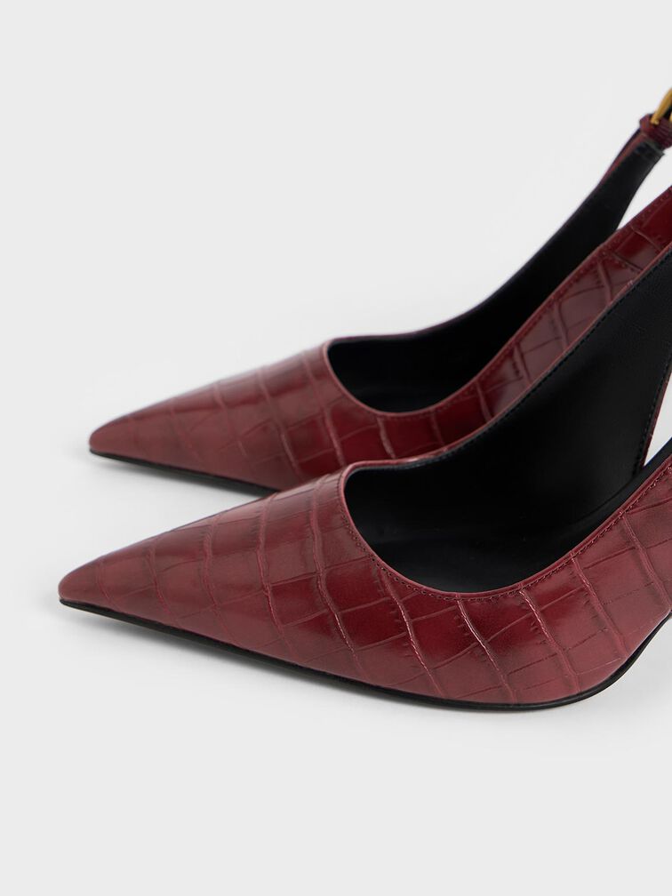 Croc-Effect Cone-Heel Pointed-Toe Pumps, Animal Print Red, hi-res