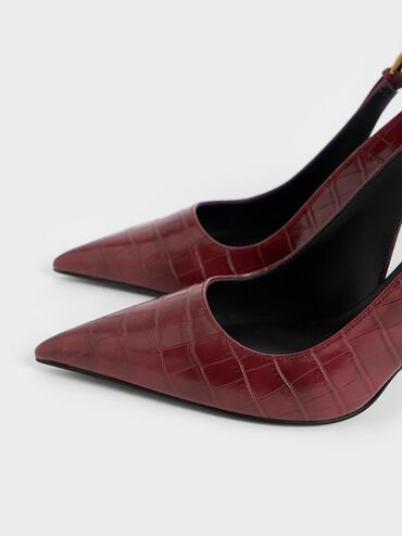 Croc-Effect Cone-Heel Pointed-Toe Pumps, Animal Print Red, hi-res
