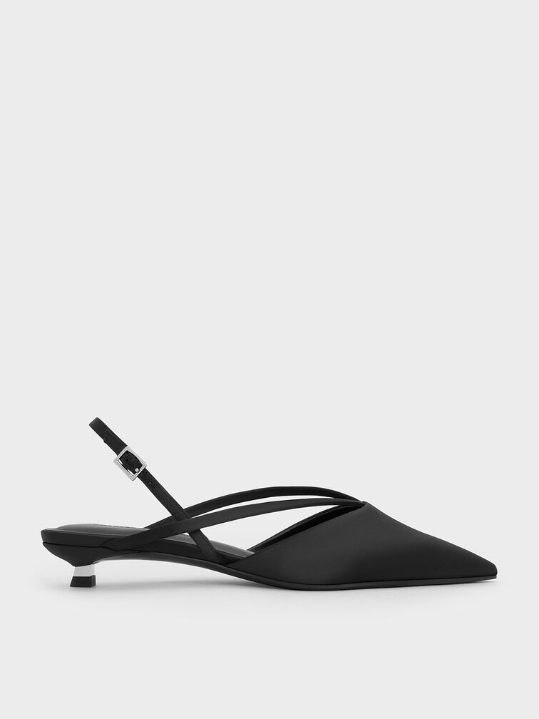 Satin V-Strap Pointed-Toe Slingback Kitten Heels, Black Textured, hi-res
