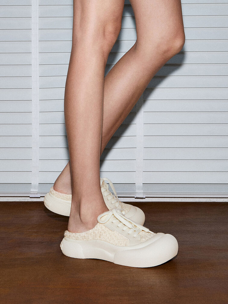 Tweed Lace-Up Slip-On Sneakers, Chalk, hi-res