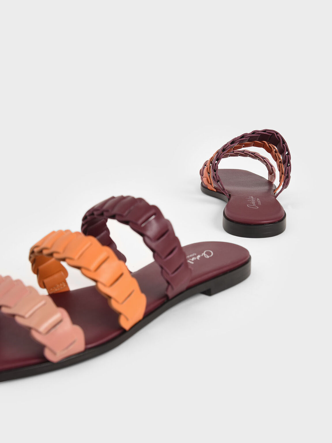 Leather Pleated Strap Slide Sandals, Multi, hi-res