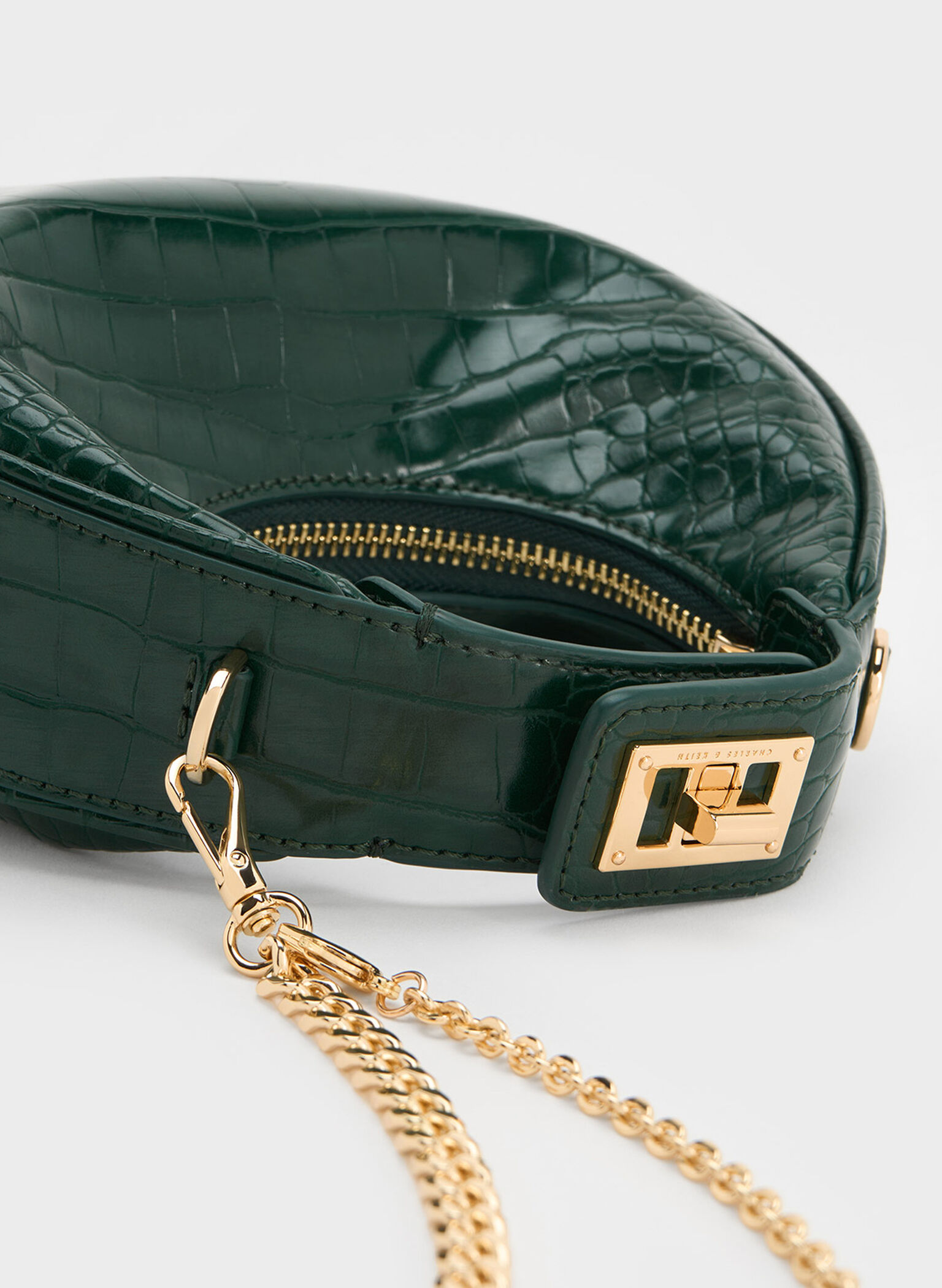 Mini Croc-Effect Moon Bag, Dark Green, hi-res