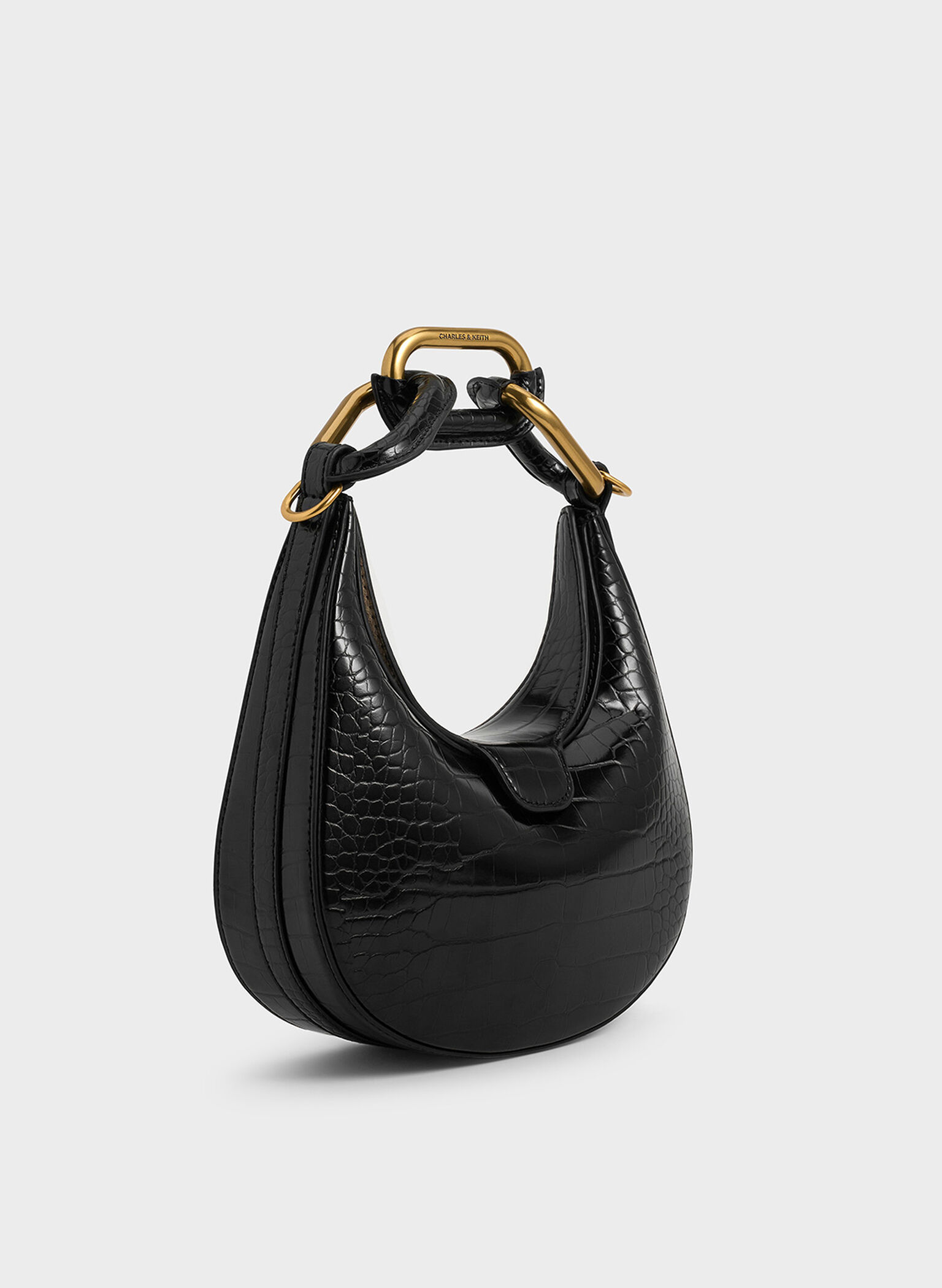 Mini Kora Croc-Effect Chain-Link Moon Bag, Black, hi-res