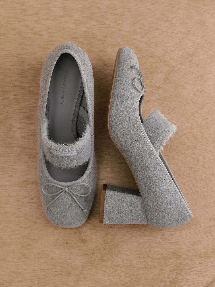 Winona Felt Bow Furry-Strap Mary Jane Pumps, Light Grey, hi-res
