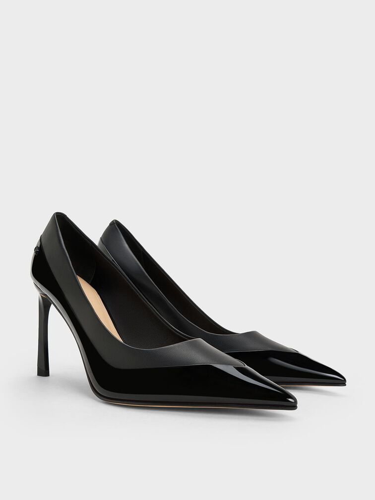 Leather & Patent Pointed-Toe Pumps, Black, hi-res