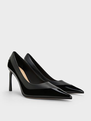 Leather & Patent Pointed-Toe Pumps, Black, hi-res