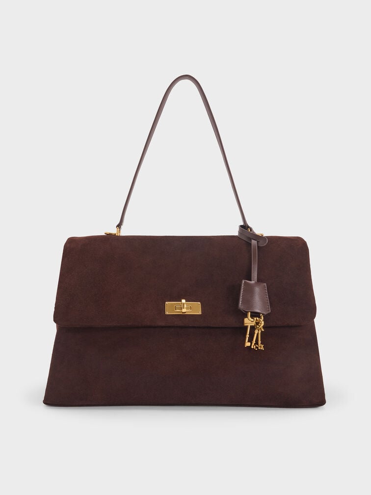 Kerry Recycled Suede Top Handle Satchel Bag, Espresso Brown, hi-res