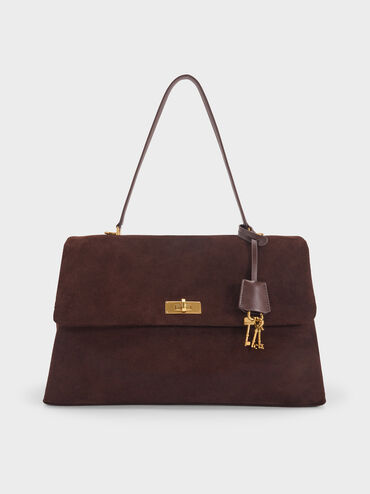Kerry Recycled Suede Top Handle Satchel Bag, Espresso Brown, hi-res