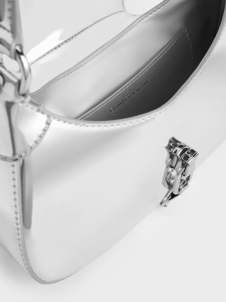 Agatha Metallic Chain-Accent Hobo Bag, Silver, hi-res
