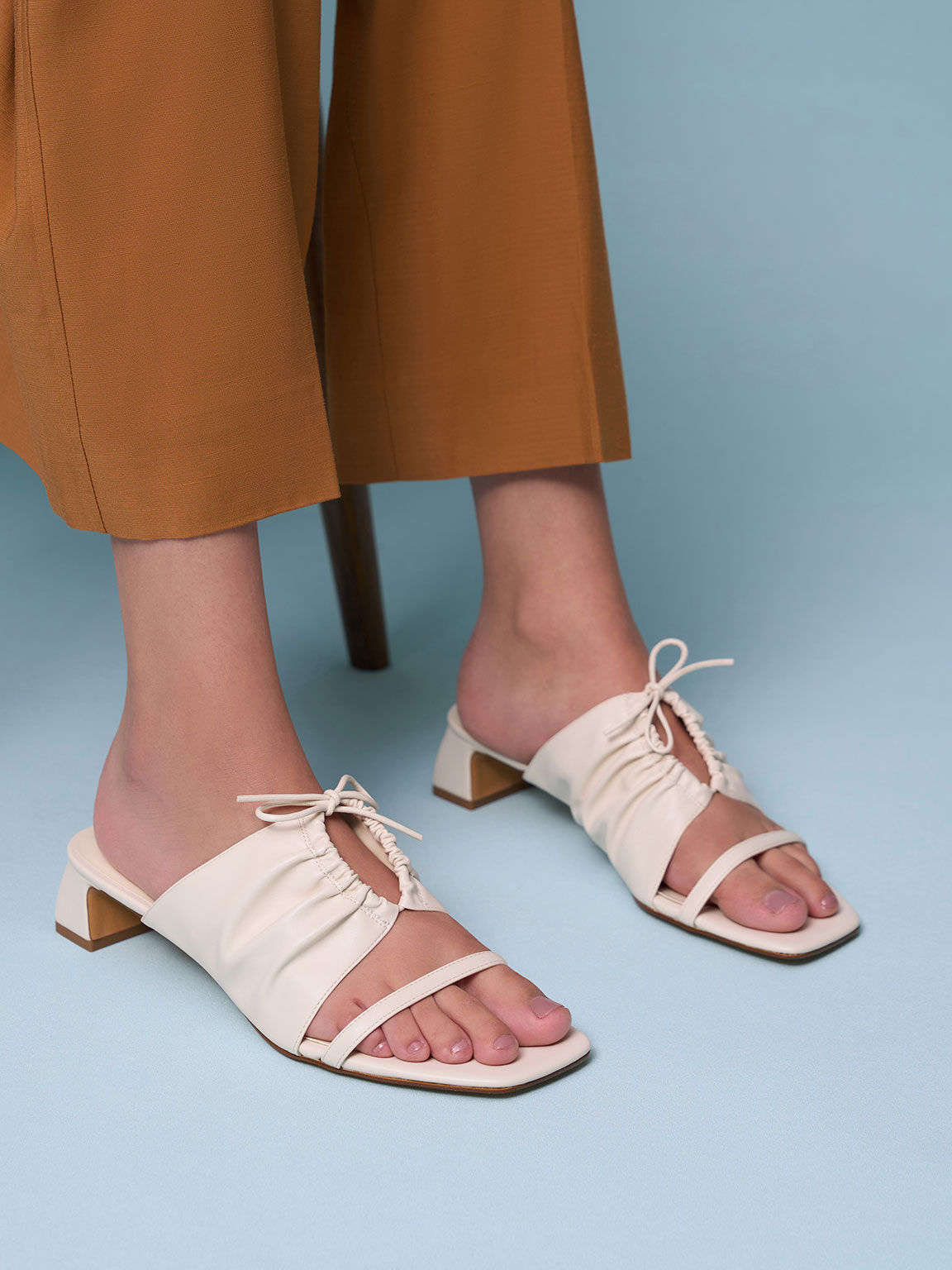 Bow-Tie Ruched Heeled Mules, Cream, hi-res