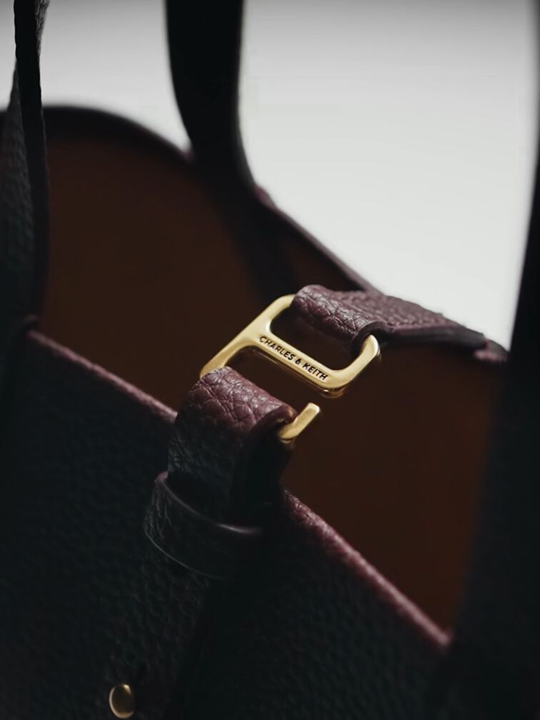 Beryl Recycled Leather Double-Handle Belted Bucket Bag, Wineberry Red, hi-res