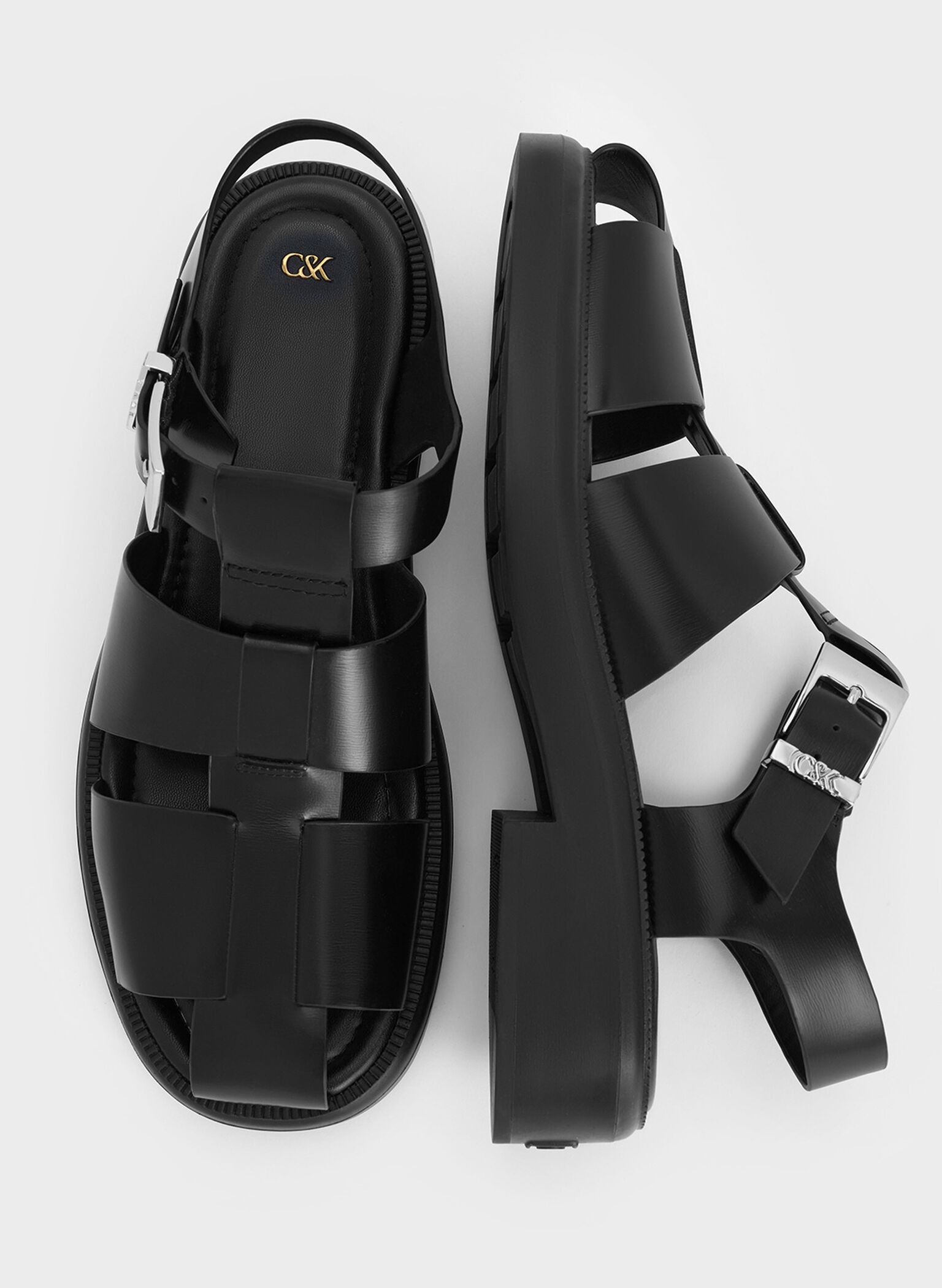 Leather Caged Sandals, Black, hi-res