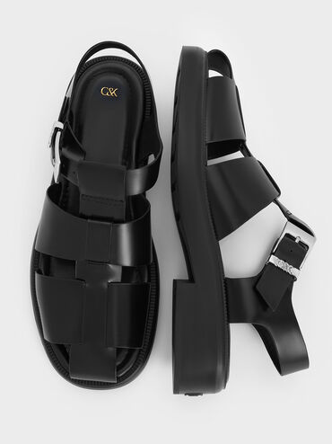 Leather Caged Sandals, Black, hi-res