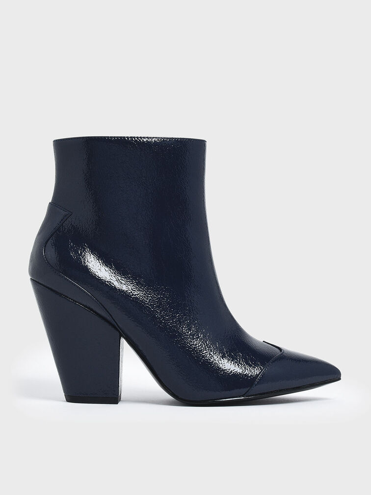 Wrinkled Patent Zip-Up Chunky Heel Ankle Boots, Blue, hi-res