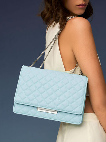 Double Chain Handle Quilted Bag, Light Blue, hi-res
