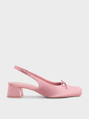 Satin Bow Square-Toe Slingback Pumps, Pink, hi-res