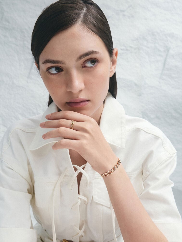 Felicity Flower-Motif Crystal Crossover Ring, Gold, hi-res