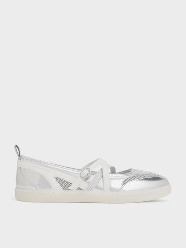 Metallic Mesh Two-Tone Ballet Sneakers, Silver, hi-res