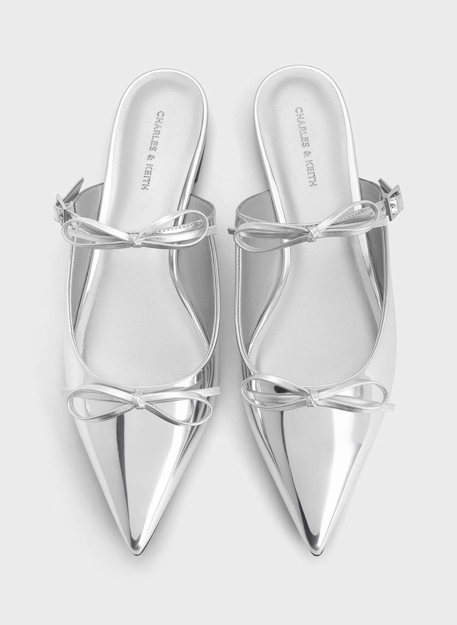 Metallic Double-Bow Pointed-Toe Mules, Silver, hi-res