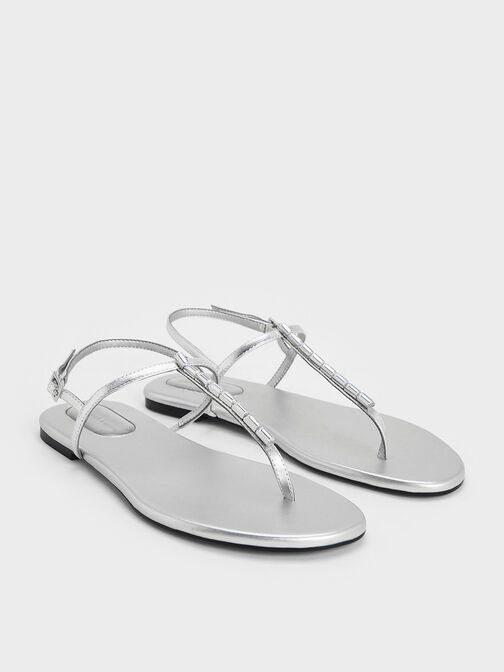 Metallic Crystal-Embellished Thong Slingback Sandals, Silver, hi-res