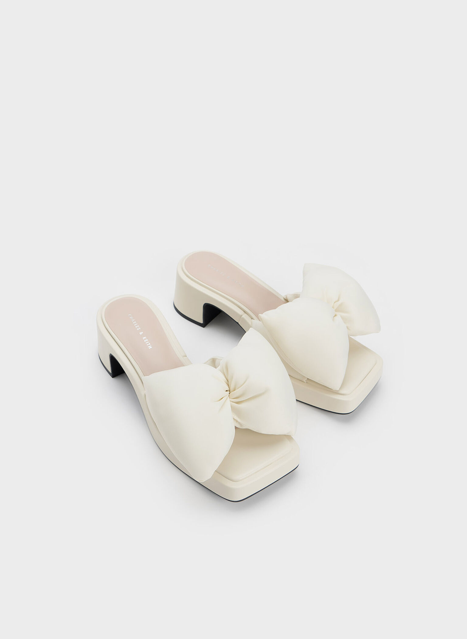 Puffy Bow Heeled Mules, Cream, hi-res