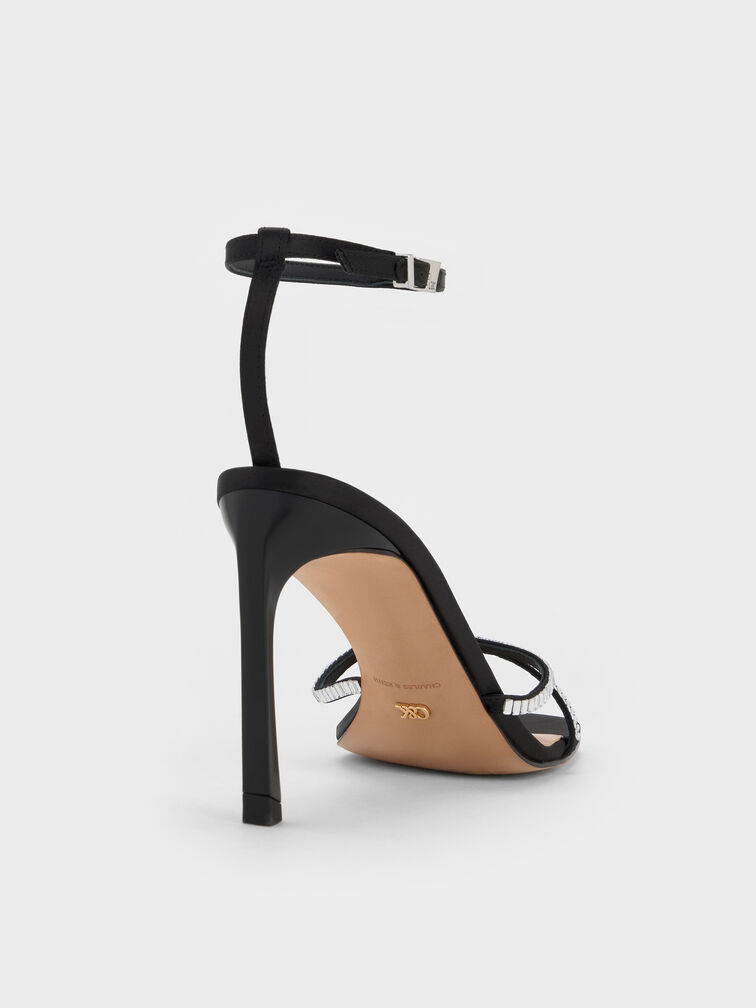 Recycled Polyester Crystal-Embellished Ankle-Strap Sandals, Black Textured, hi-res