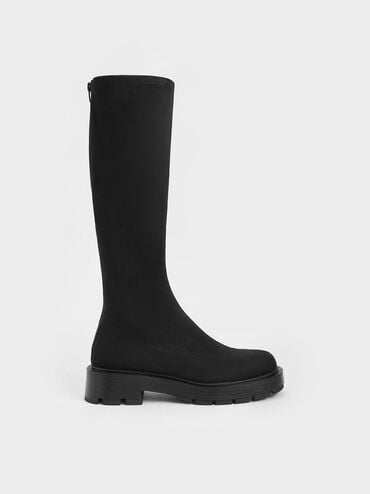Block Heel Textured Knee-High Boots, Black Textured, hi-res