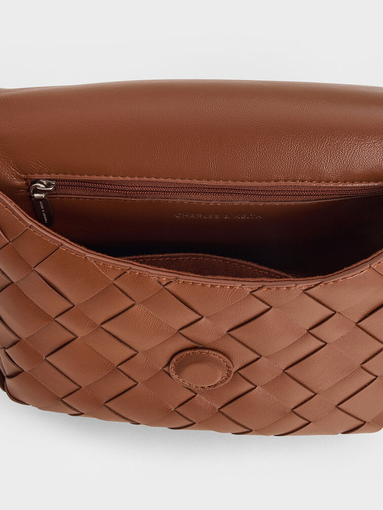 Ivette Woven Front Flap Crossbody Bag, Chocolate, hi-res