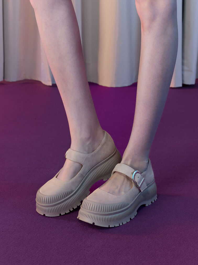 Darra Faux Suede Ridged-Sole Platform Mary Janes, Beige, hi-res