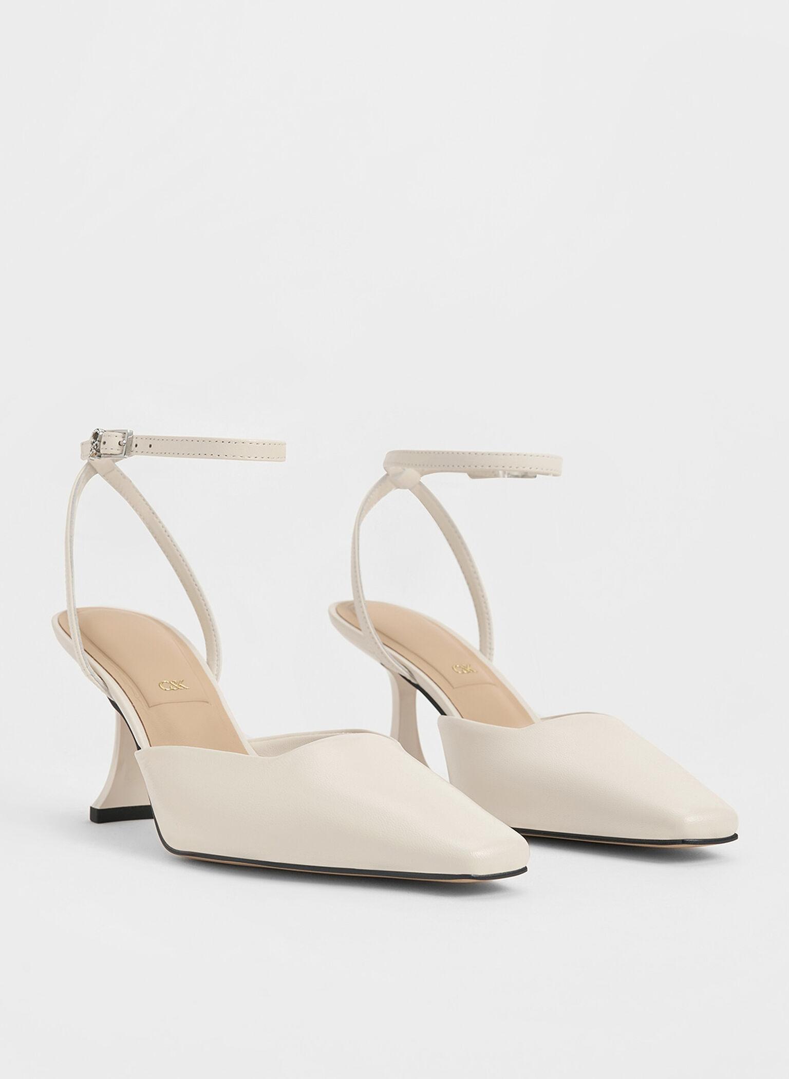 Leather Sculptural-Heel Ankle-Strap Pumps, White, hi-res