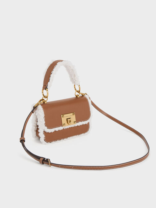 Fur-Trim Metallic Turn-Lock Bag, Camel, hi-res