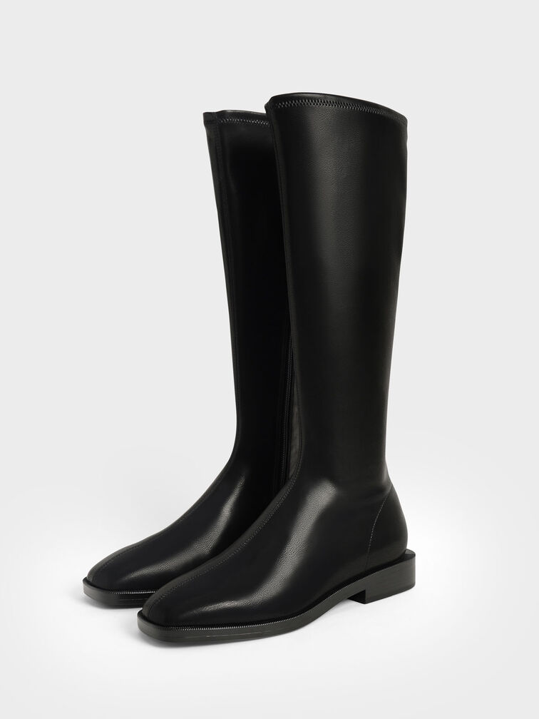 Sasky Knee High Flat Boots, Black, hi-res
