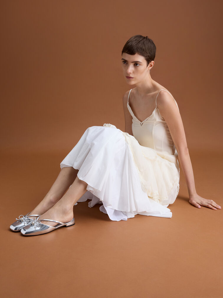 Metallic Pearl-Accent Bow Flat Mules, Silver, hi-res