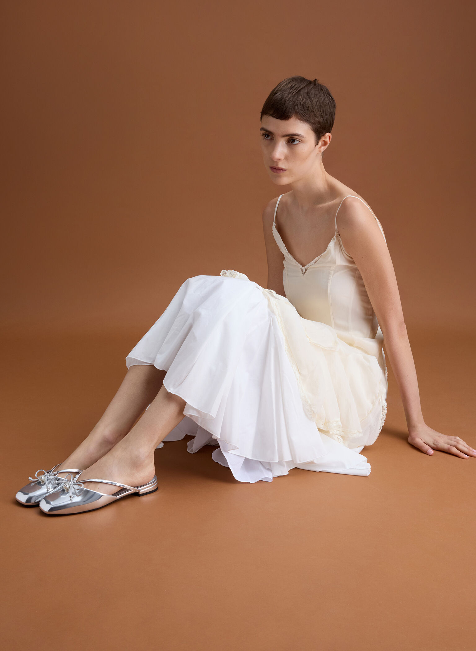 Metallic Pearl-Accent Bow Flat Mules, Silver, hi-res