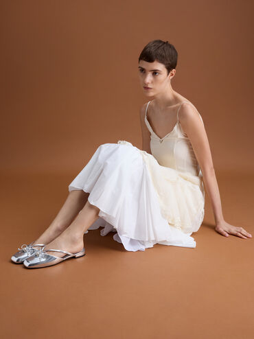 Metallic Pearl-Accent Bow Flat Mules, Silver, hi-res