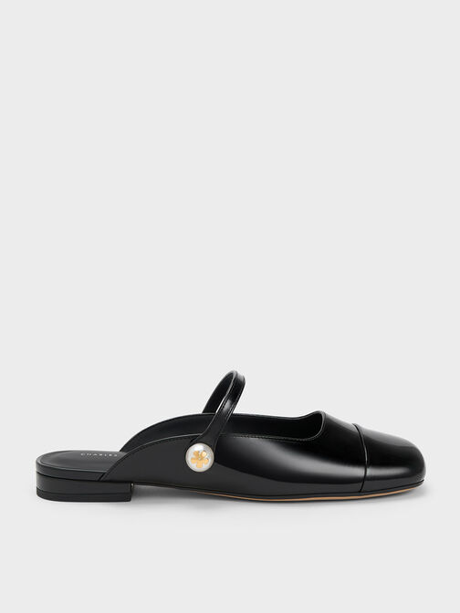 Pearl Embellished Patent Flat Mules, Black Patent, hi-res