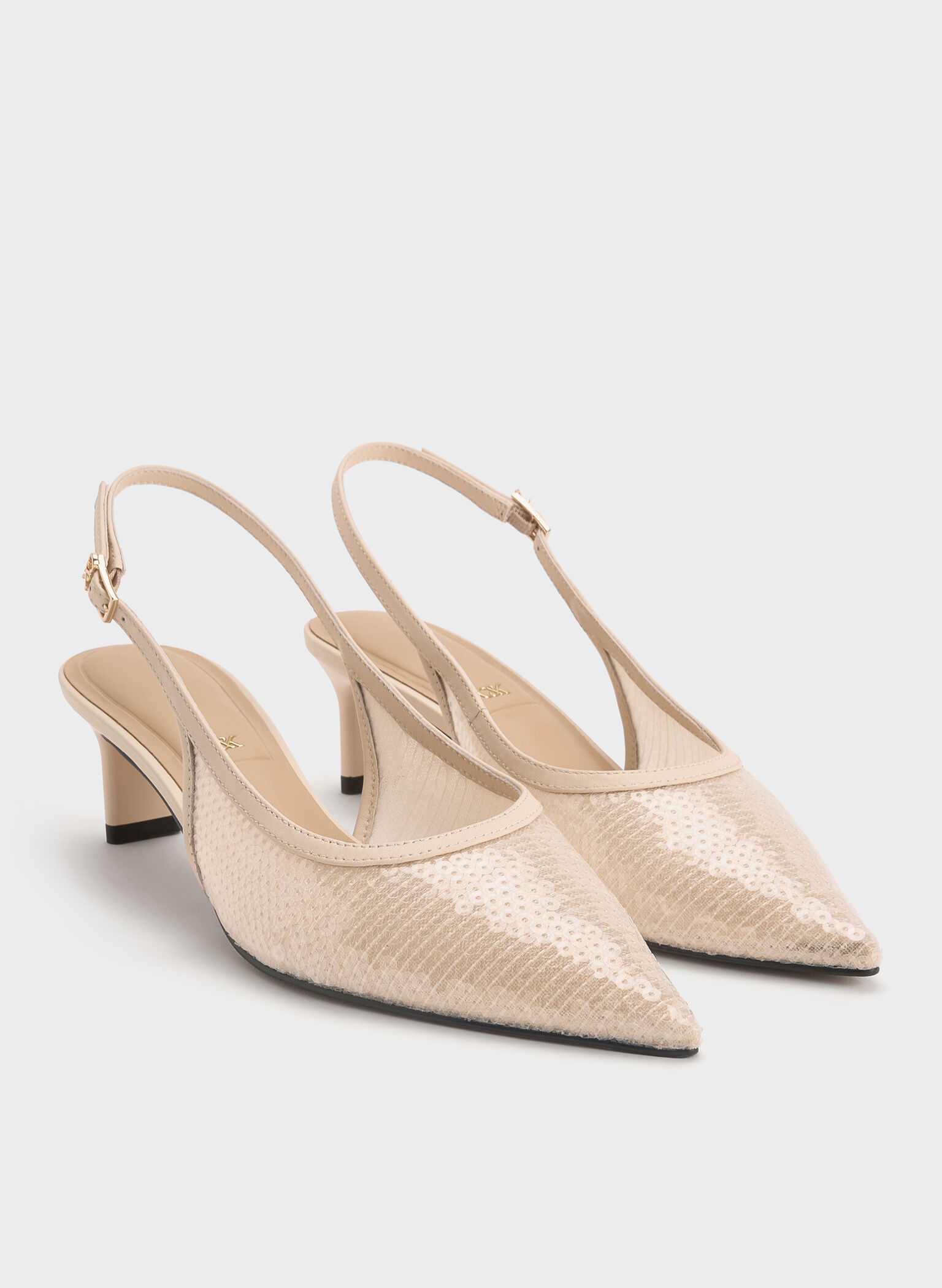 Sequin Mesh & Leather Slingback Kitten Heels, Nude, hi-res