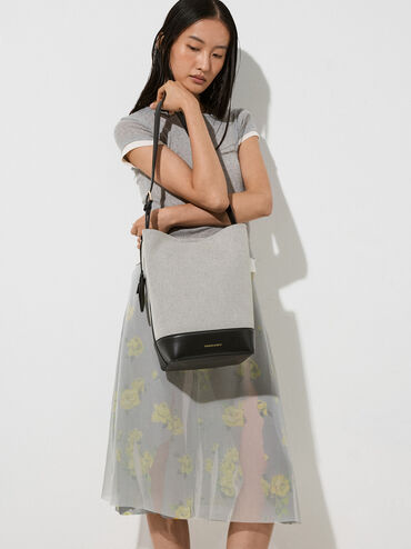 Enola Canvas Elongated Bucket Bag, Black, hi-res
