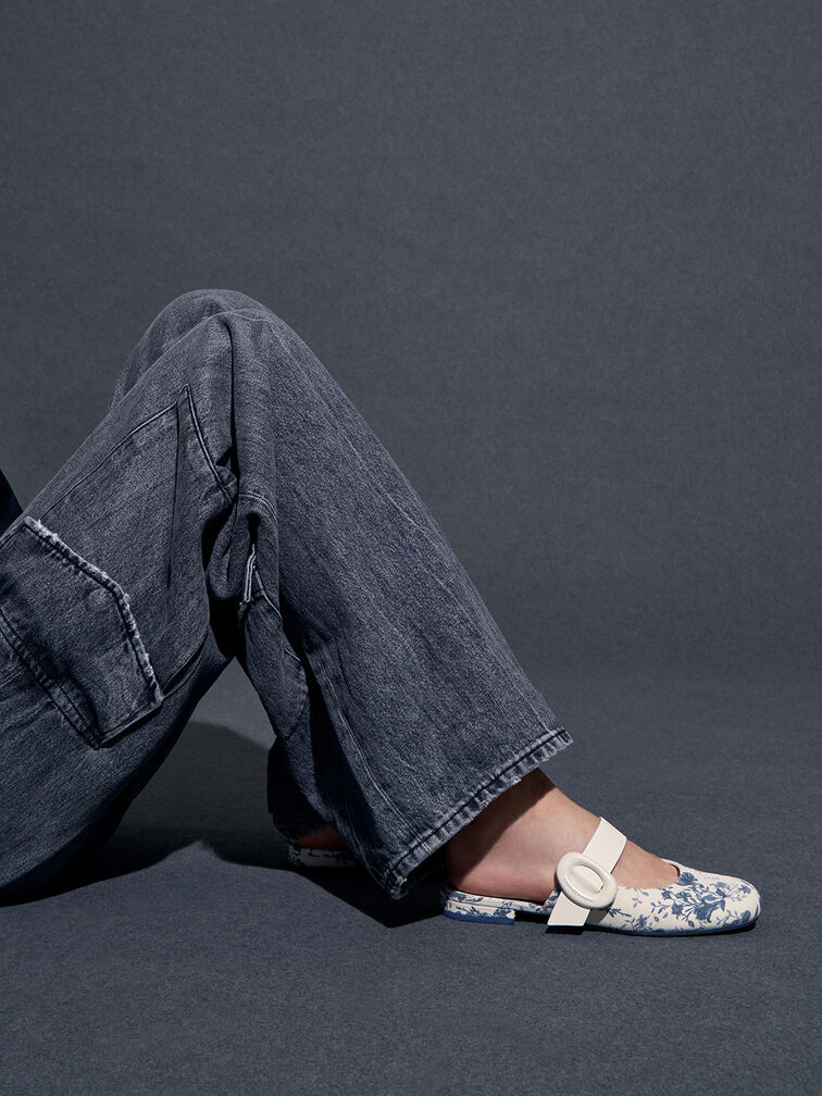 Floral-Print Oval-Buckle Flat Mules, Dark Blue, hi-res
