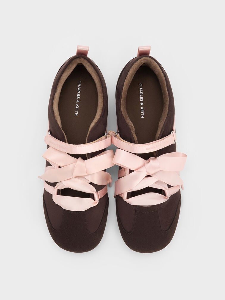 Silko Faux Suede Satin-Lace Ballet Sneakers, Dark Brown Textured, hi-res