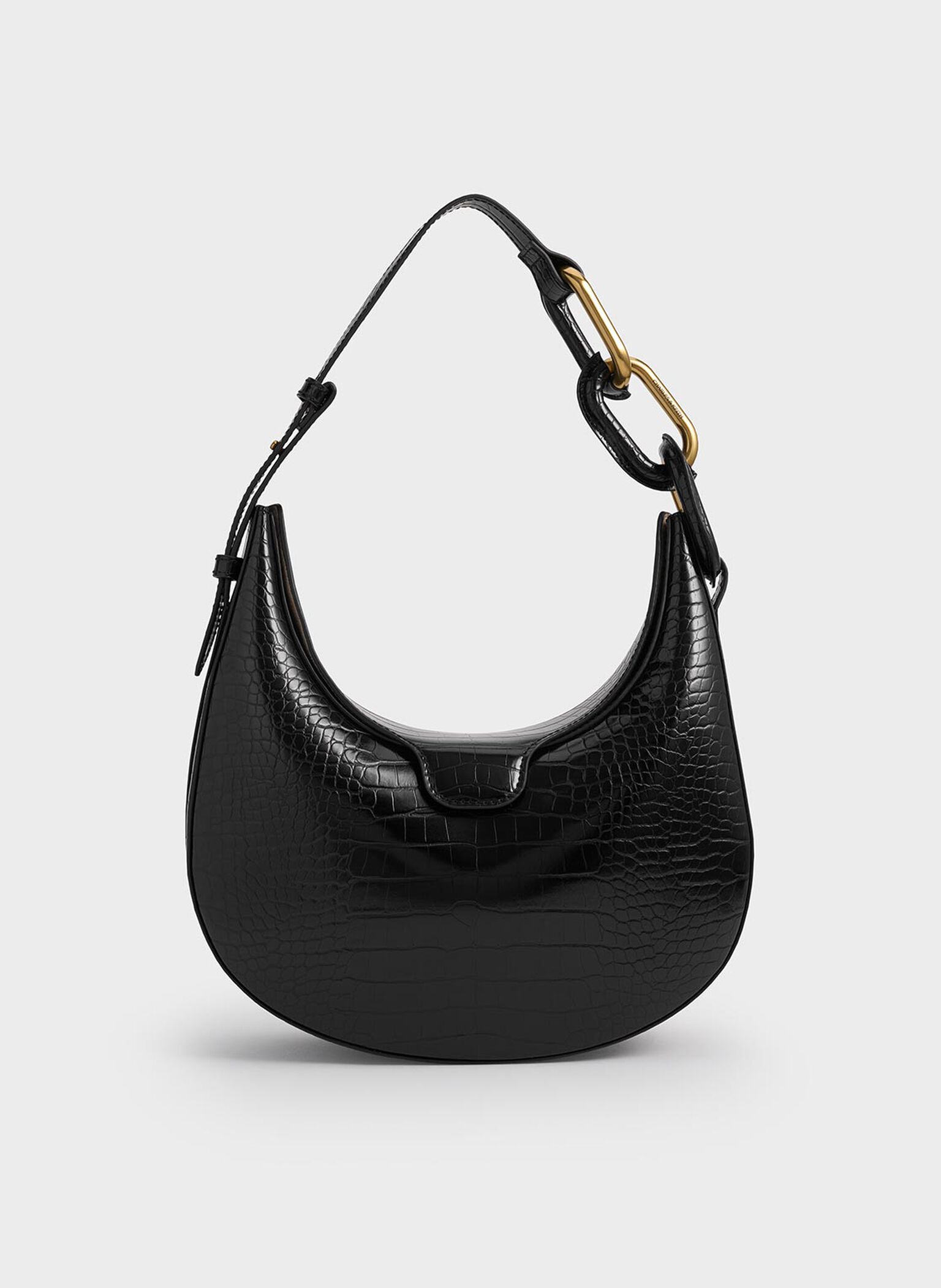 Kora Croc-Effect Metallic-Accent Moon Bag, Black, hi-res