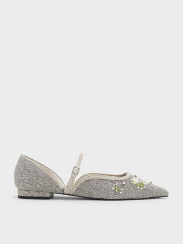 Twill Bead-Flower Pointed-Toe D'Orsay Mary Jane Flats, Grey, hi-res