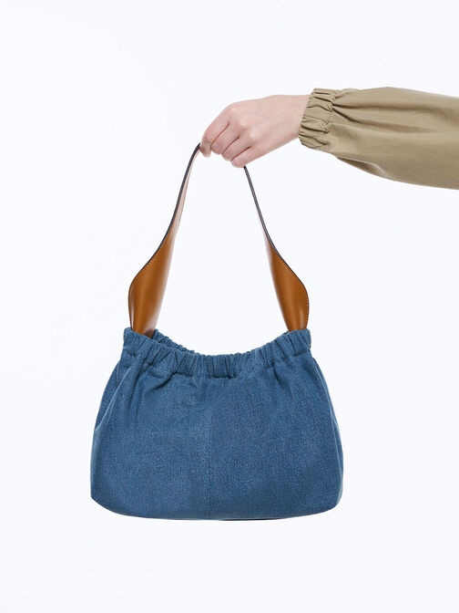 Large Ally Denim Ruched Slouchy Bag, Denim Blue, hi-res