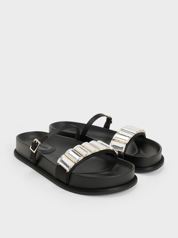 Satin Crystal-Embellished Double-Strap Sandals, Black Textured, hi-res