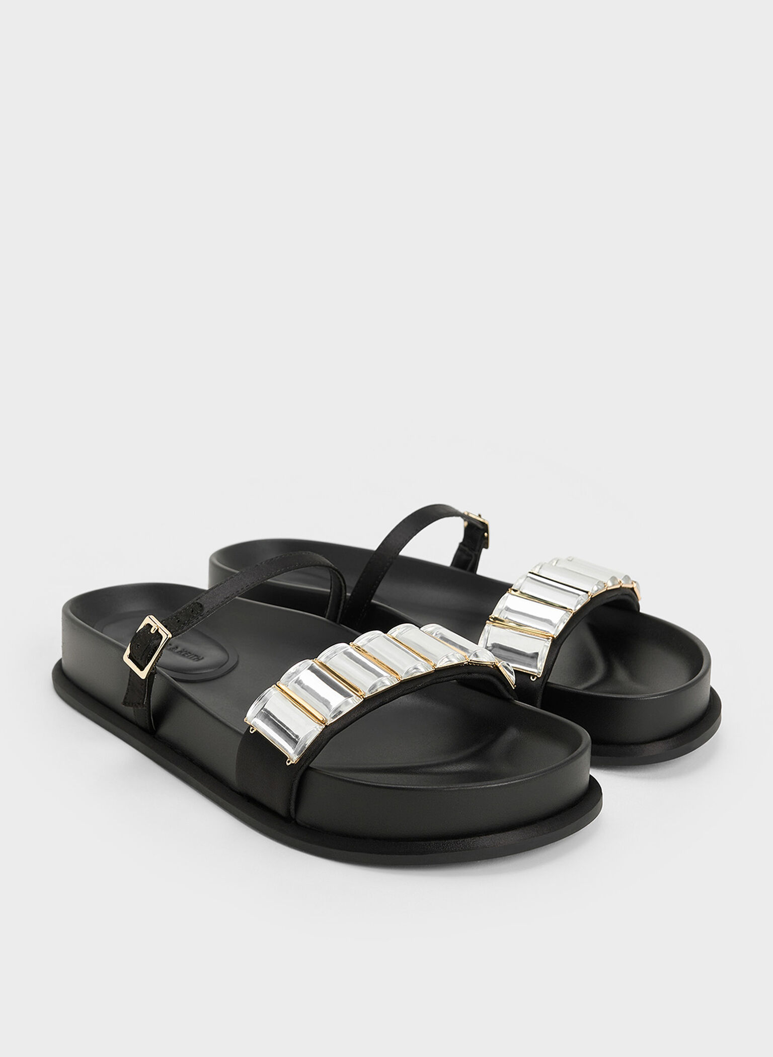 Satin Crystal-Embellished Double-Strap Sandals, Black Textured, hi-res