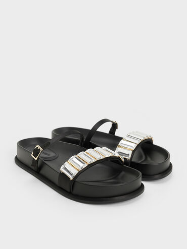 Satin Crystal-Embellished Double-Strap Sandals, Black Textured, hi-res