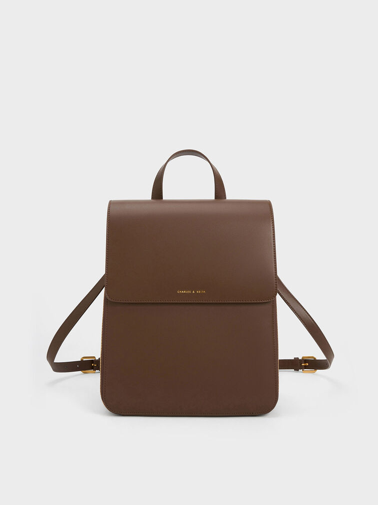 Front Flap Structured Backpack, Dark Brown, hi-res